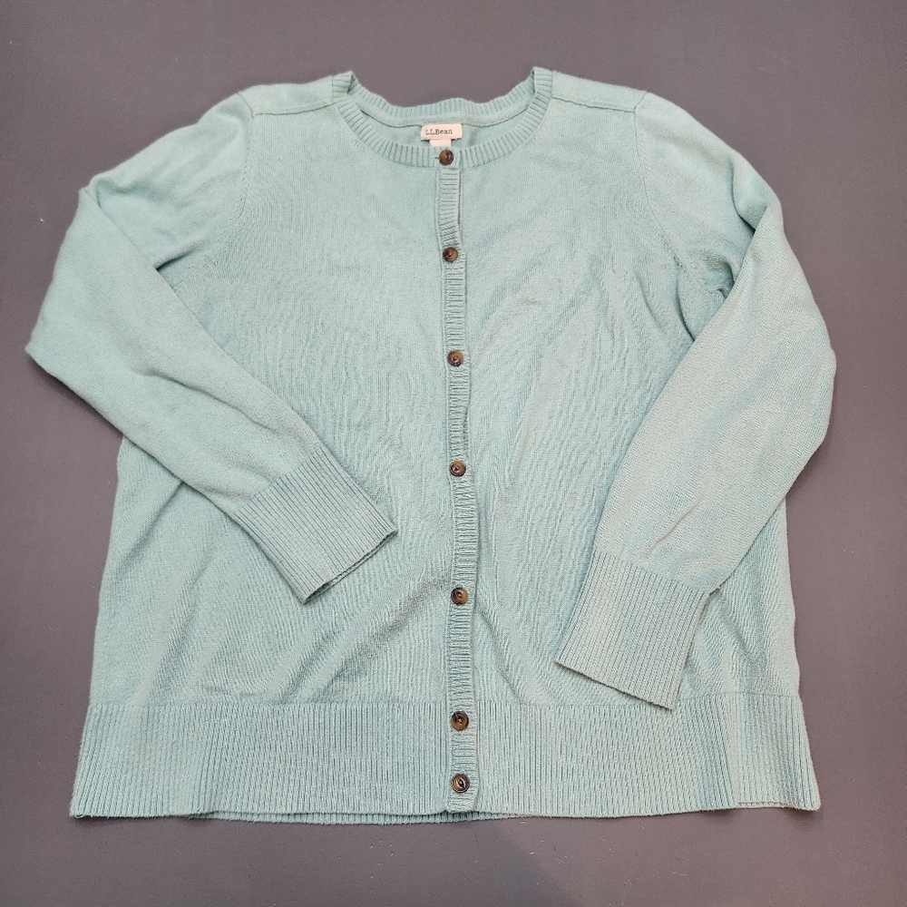 LL Bean Long Sleeve Womens Cardigan Sweater Ocean Teal LP Cotton Cashmere blend